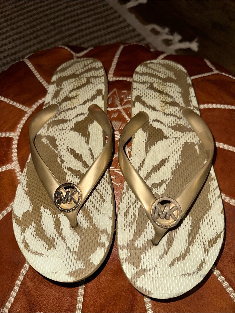 Michael Kors Gold-Strap Flip Flops with Tan Zebra Print Footbed
